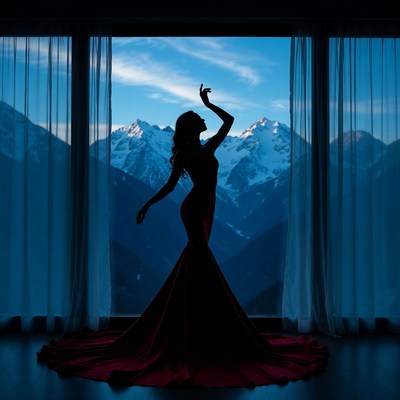 Silhouette woman in red gown by window