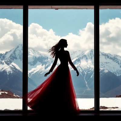 Silhouette woman in red gown by window