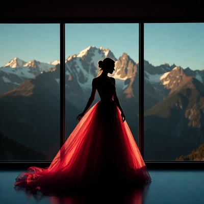 Woman in red gown silhouette mountains