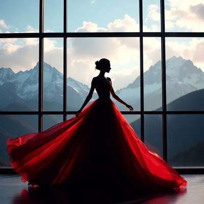 Silhouette woman in red gown by mountain window