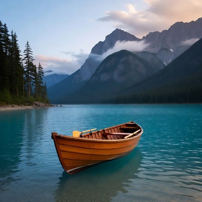 Wooden Rowboat on Turquoise Mountain Lake
