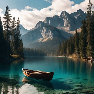 Wooden Boat on Turquoise Mountain Lake