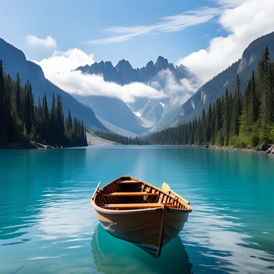 Wooden Rowboat on Turquoise Mountain Lake