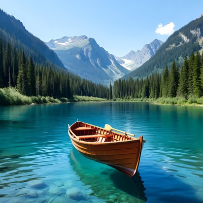 Wooden Rowboat on Turquoise Mountain Lake