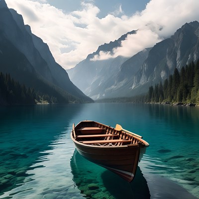 Wooden Boat on Mountain Lake