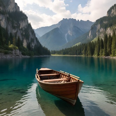 Wooden Boat on Turquoise Mountain Lake