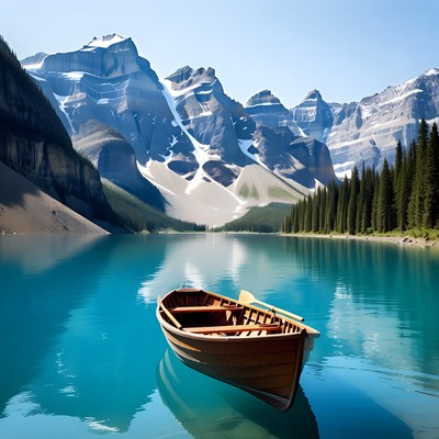 Rowboat on Moraine Lake with Mountains