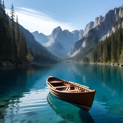 Wooden Boat on Turquoise Mountain Lake