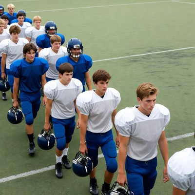 Football team boys walking on field
