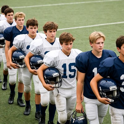 Line of Young Football Players Holding Helmets