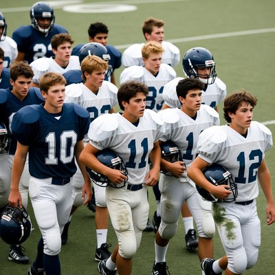Football team boys walking on field