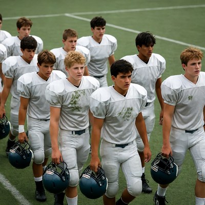 Football team boys holding helmets