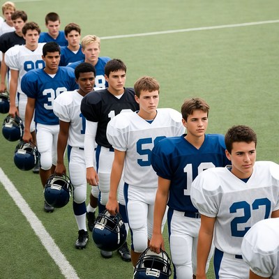 Football team boys lining up on field