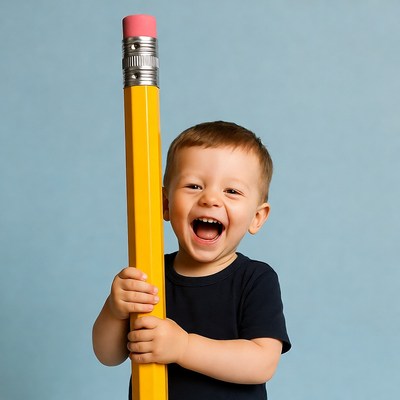 Boy holding giant pencil