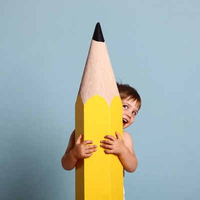 Boy hugging giant yellow pencil