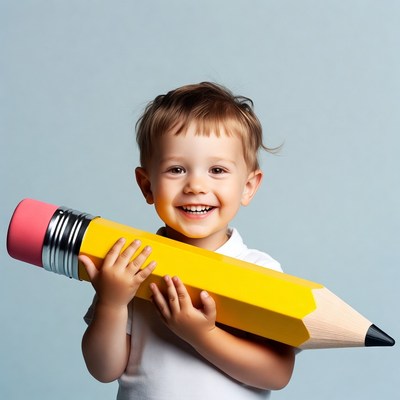 Toddler boy holding giant pencil