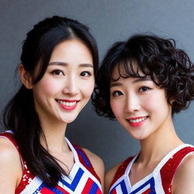 Two Asian cheerleaders smiling together