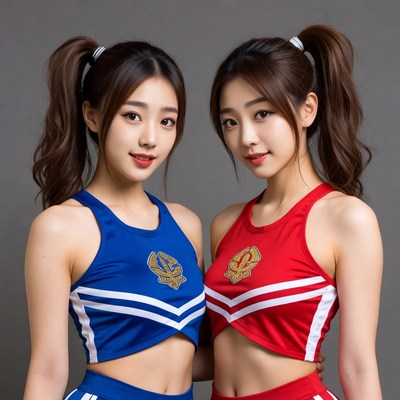 Two Asian women in blue red cheer uniforms