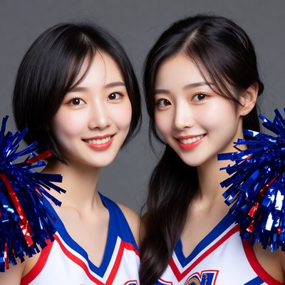 Two Asian cheerleaders with pom poms