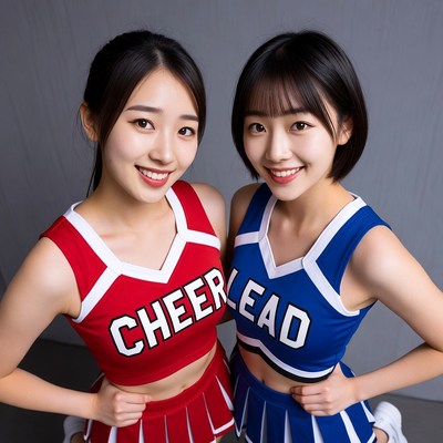 Two Asian cheerleaders smiling together