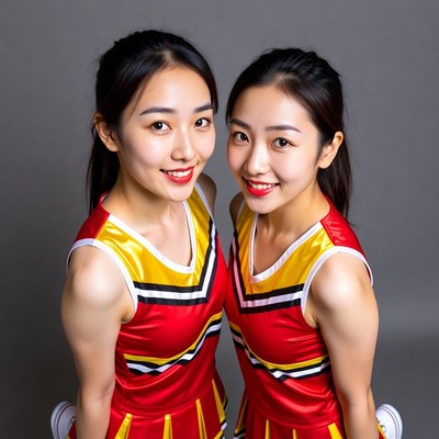 Two Asian cheerleaders in red yellow uniforms