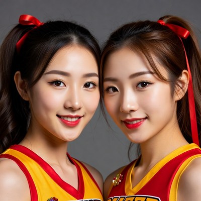 Two Asian cheerleaders smiling together