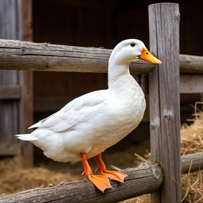 White duck standing on wooden fence