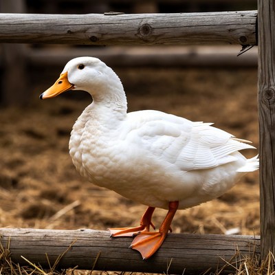 White duck standing on wooden fence