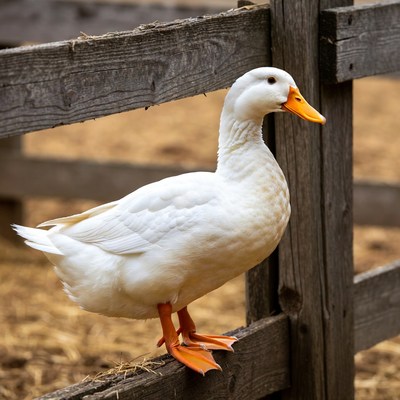 White duck standing by wooden fence