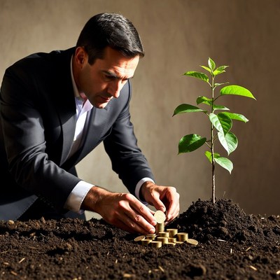 Man planting coin beside seedling