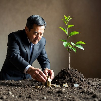 Asian man planting coins by seedling