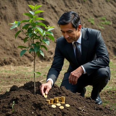 Businessman planting sapling with coins