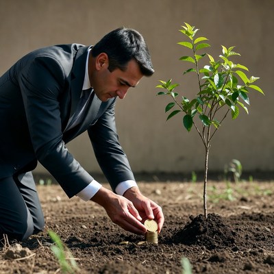 Man planting sapling with coins