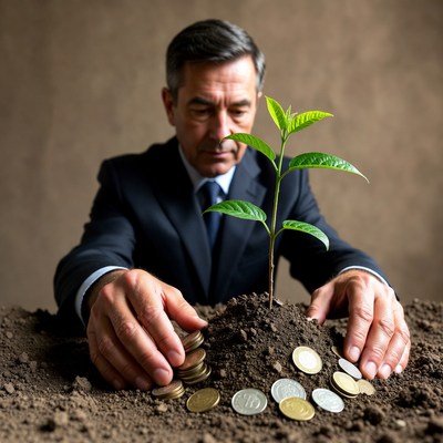 Businessman planting seedling with coins