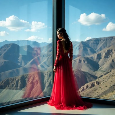 Woman in red gown by mountain window