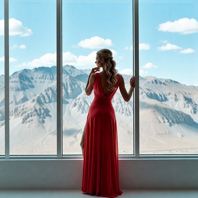Woman in red gown by window with mountains