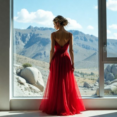 Woman in red dress gazing at mountains