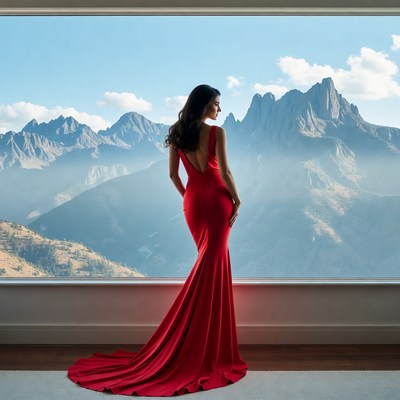 Woman in red gown viewing mountains