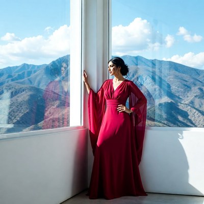 Woman in red dress by window with mountains