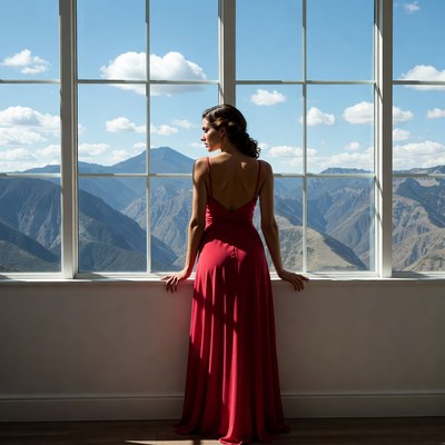 Woman in red dress gazing at mountains