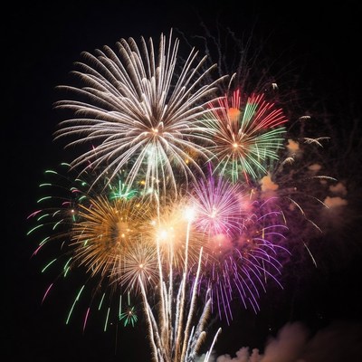 Colorful Fireworks Exploding at Night
