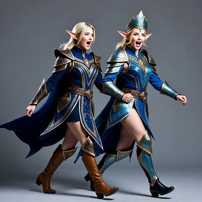 Two blonde elf women in blue armor