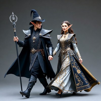 Elf couple in fantasy costumes holding hands