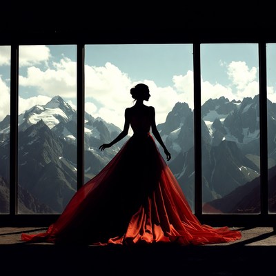 Silhouette woman in red gown mountains