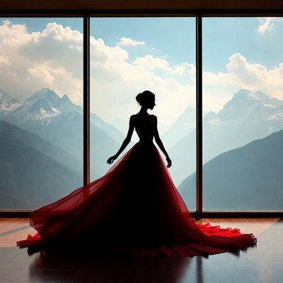 Silhouette of woman in red gown by mountain window