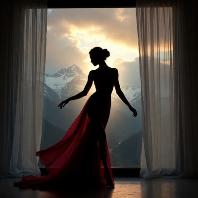 Silhouette woman in red gown by window