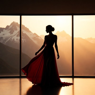 Silhouette of woman in red gown by mountains