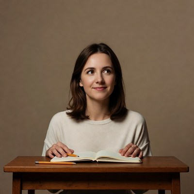 Woman smiling while writing in notebook