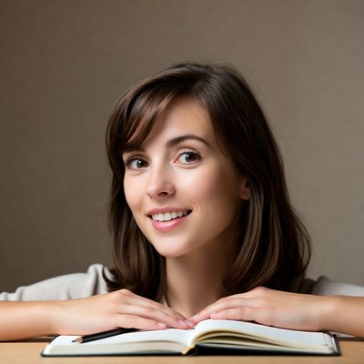 Smiling woman reading open book