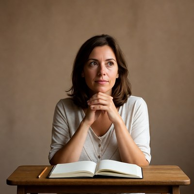 Woman praying hands at open notebook